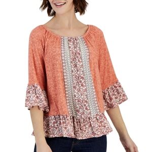 Style & Co. Women's Floral Peasant Ruffle Hem Printed Boho Blouse Size M